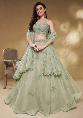 Pista Green Embroidery Georgette Lehenga Set