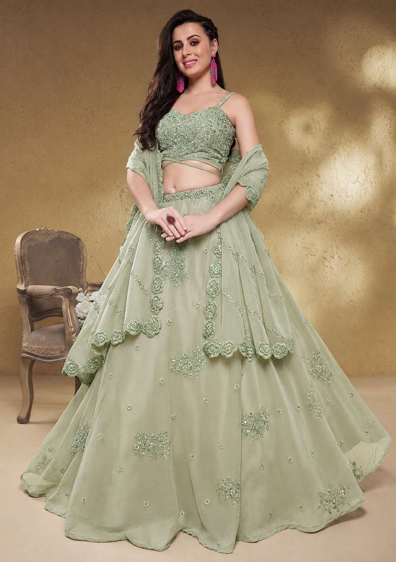 Pista Green Embroidery Georgette Lehenga Set - Indya