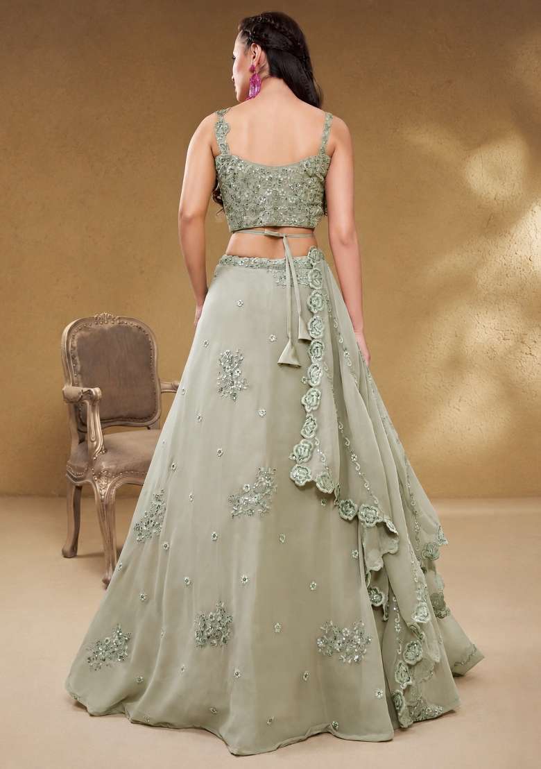 Pista Green Embroidery Georgette Lehenga Set - Indya