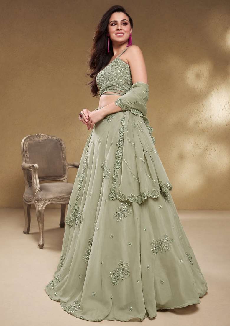Pista Green Embroidery Georgette Lehenga Set - Indya