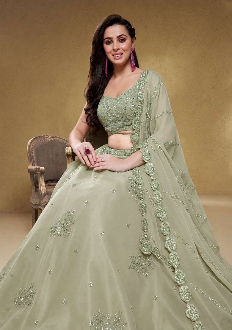 Pista Green Embroidery Georgette Lehenga Set - Indya