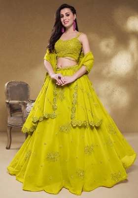 Lime Yellow Embroidery Georgette Lehenga Set