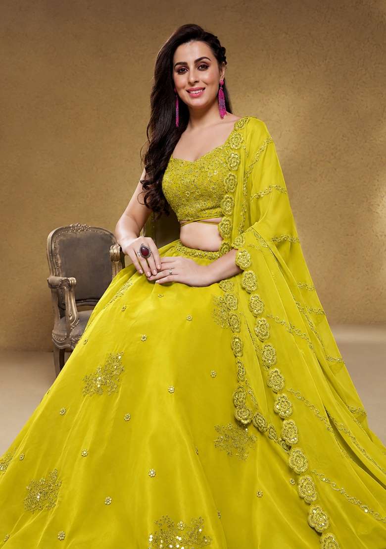 Lime Yellow Embroidery Georgette Lehenga Set - Indya
