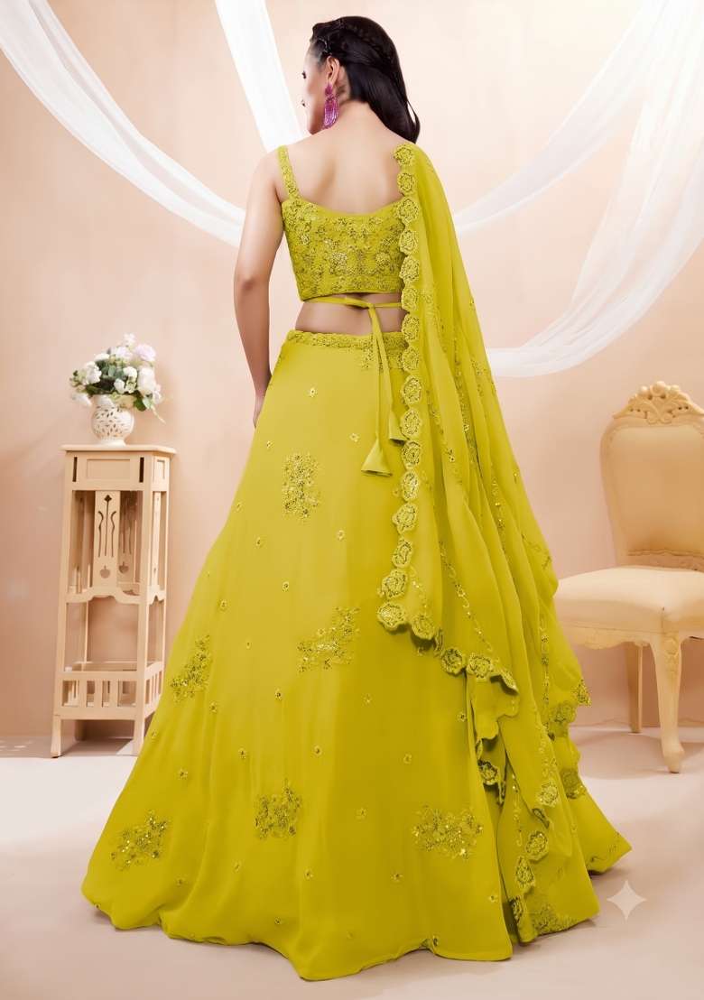 Lime Yellow Embroidery Georgette Lehenga Set - Indya