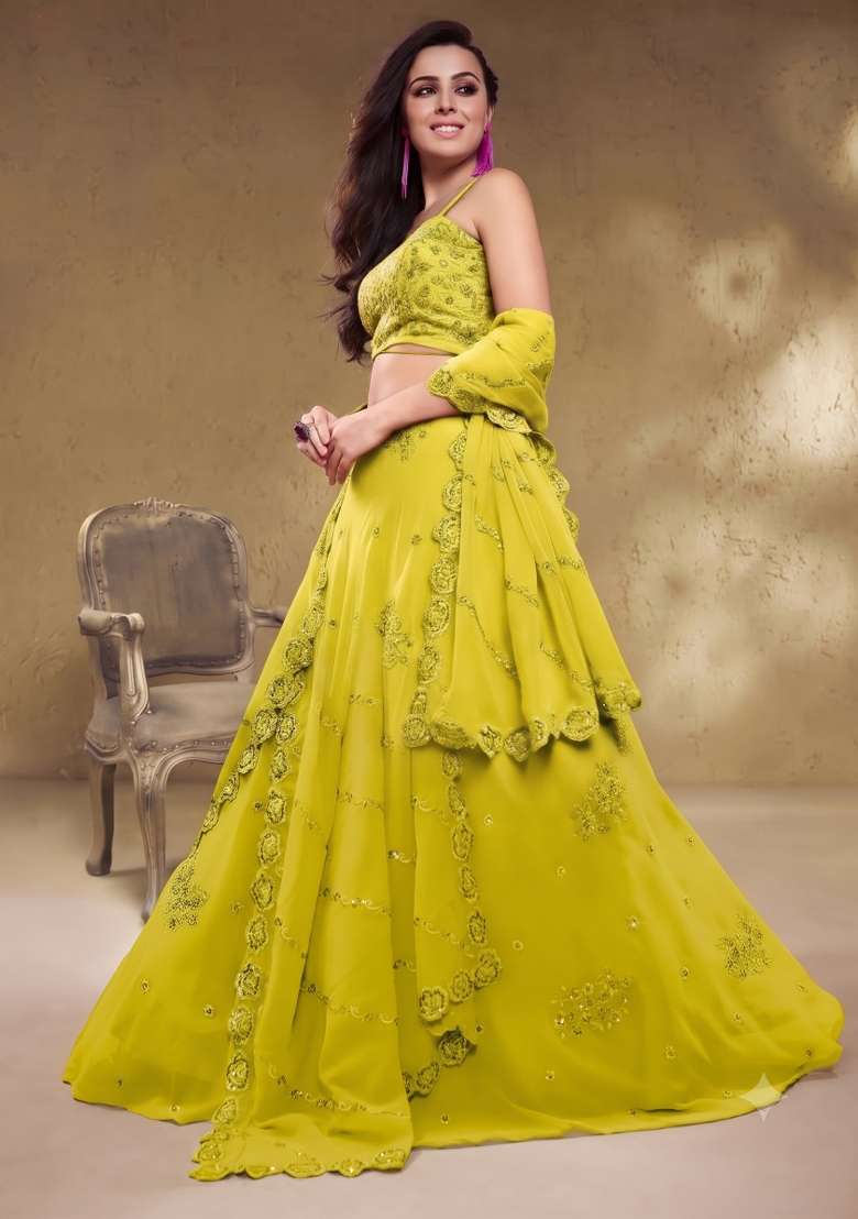 Lime Yellow Embroidery Georgette Lehenga Set - Indya