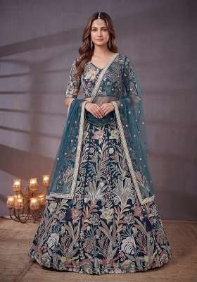 Blue Embroidery Net Lehenga Set