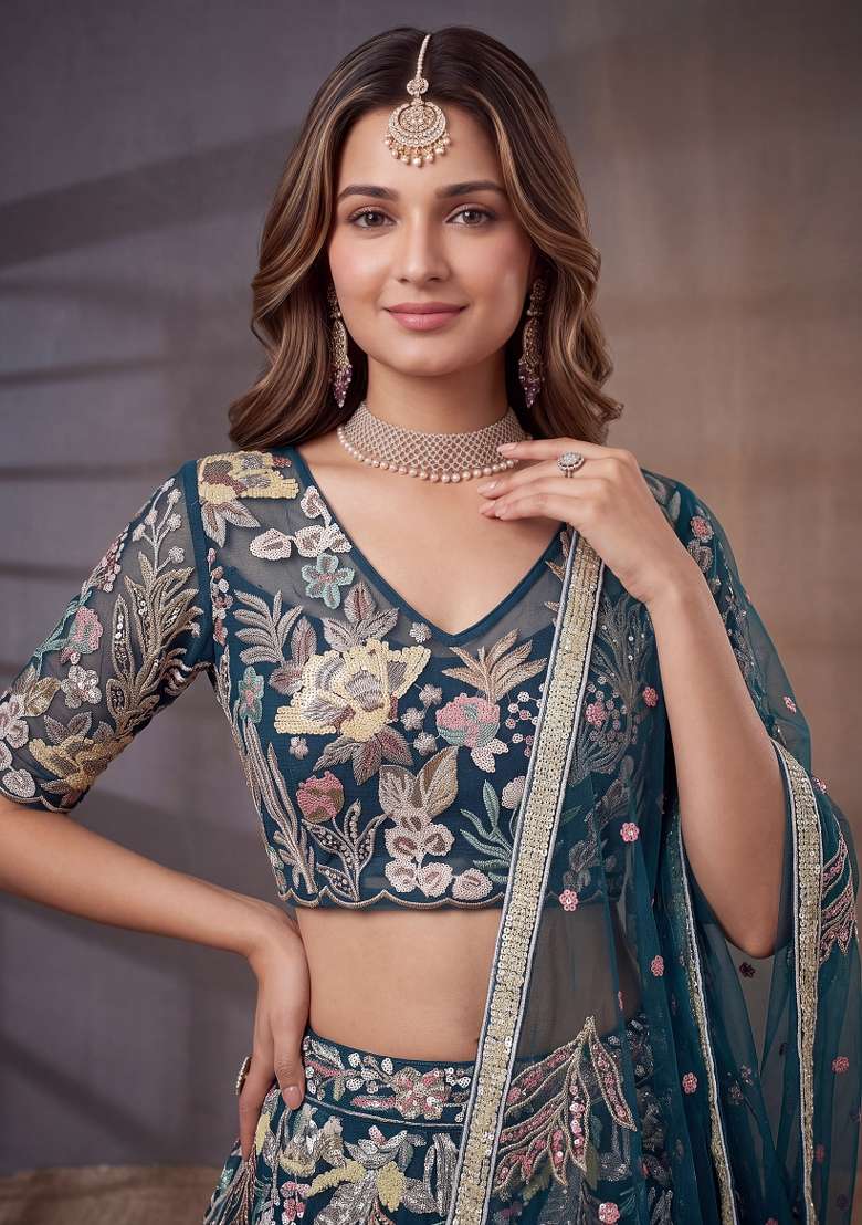 Blue Embroidery Net Lehenga Set - Indya