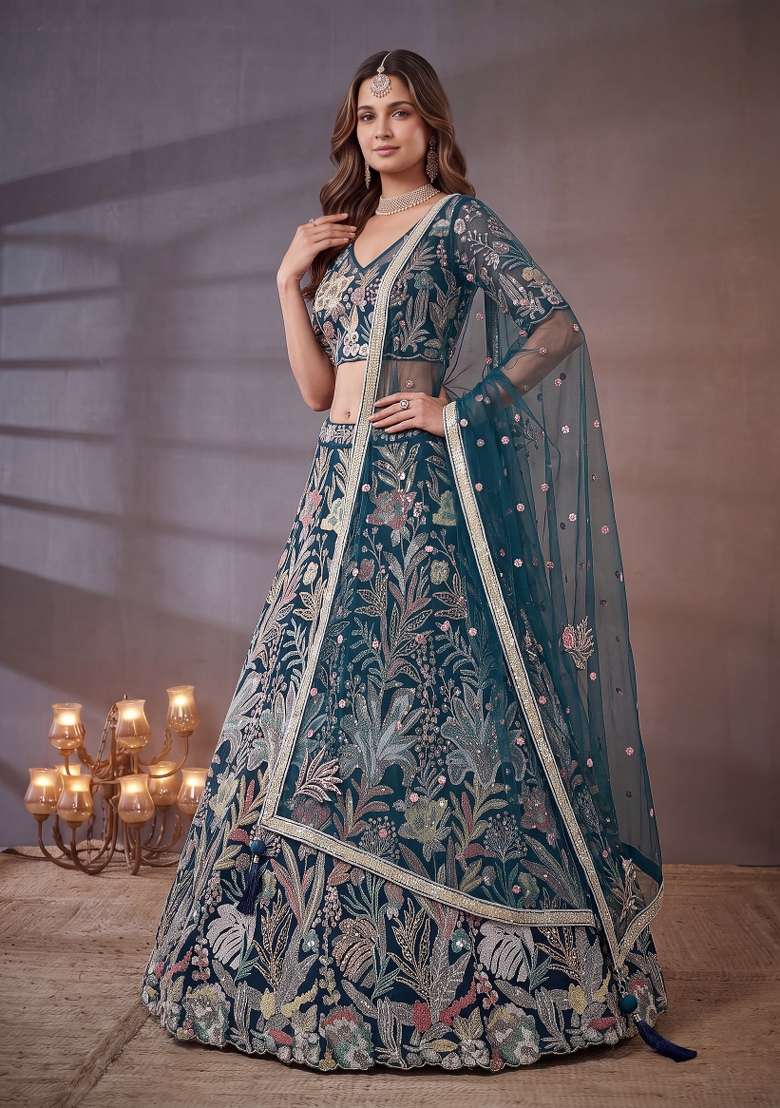 Blue Embroidery Net Lehenga Set - Indya