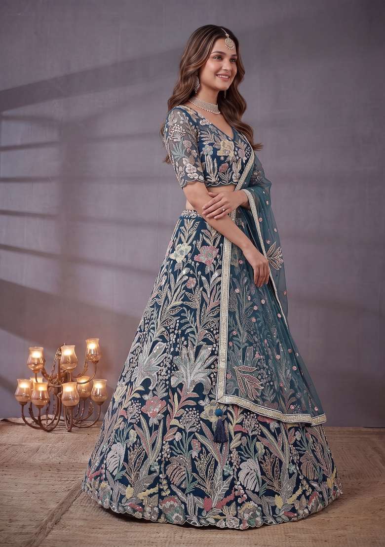 Blue Embroidery Net Lehenga Set - Indya