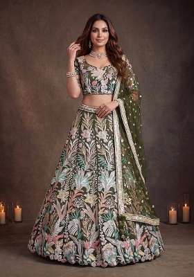 Green Embroidery Net Lehenga Set