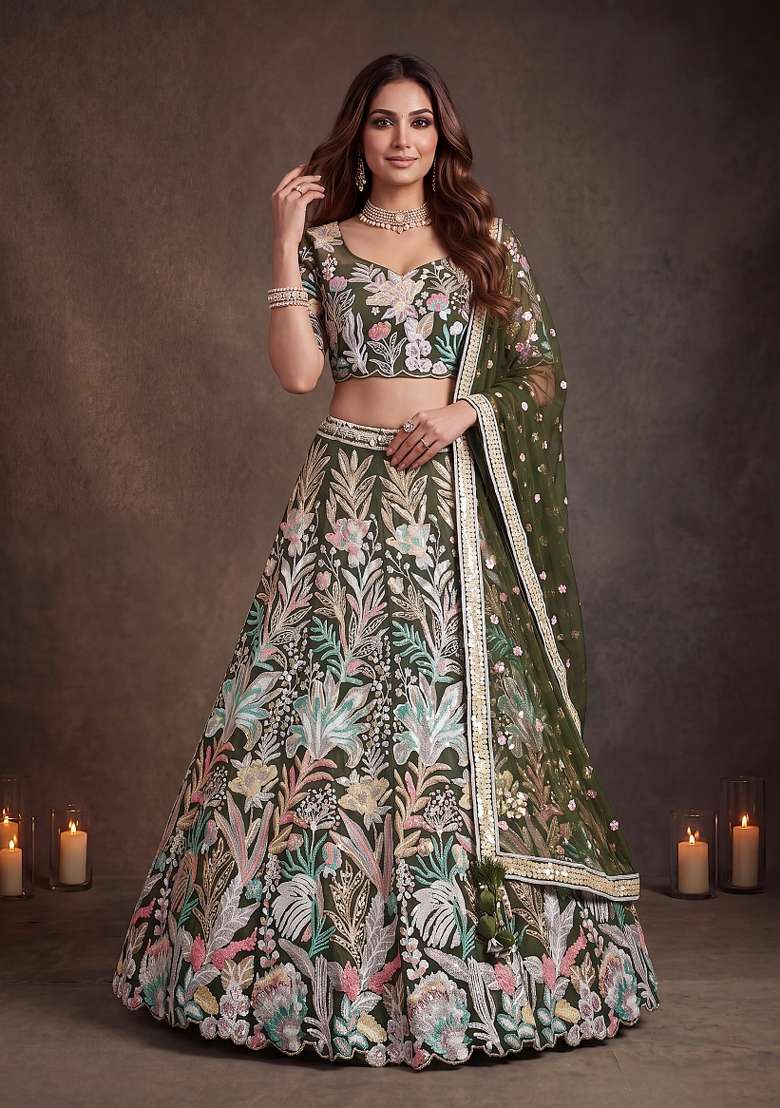 Green Embroidery Net Lehenga Set - Indya