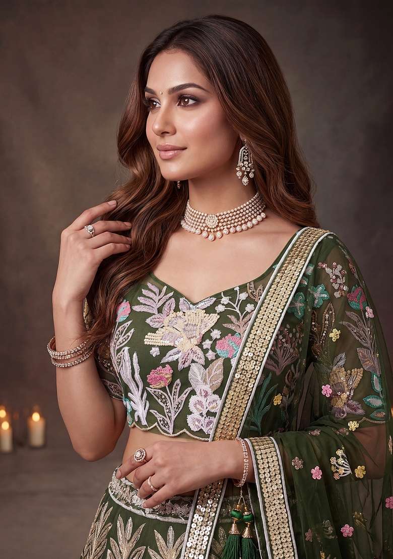 Green Embroidery Net Lehenga Set - Indya