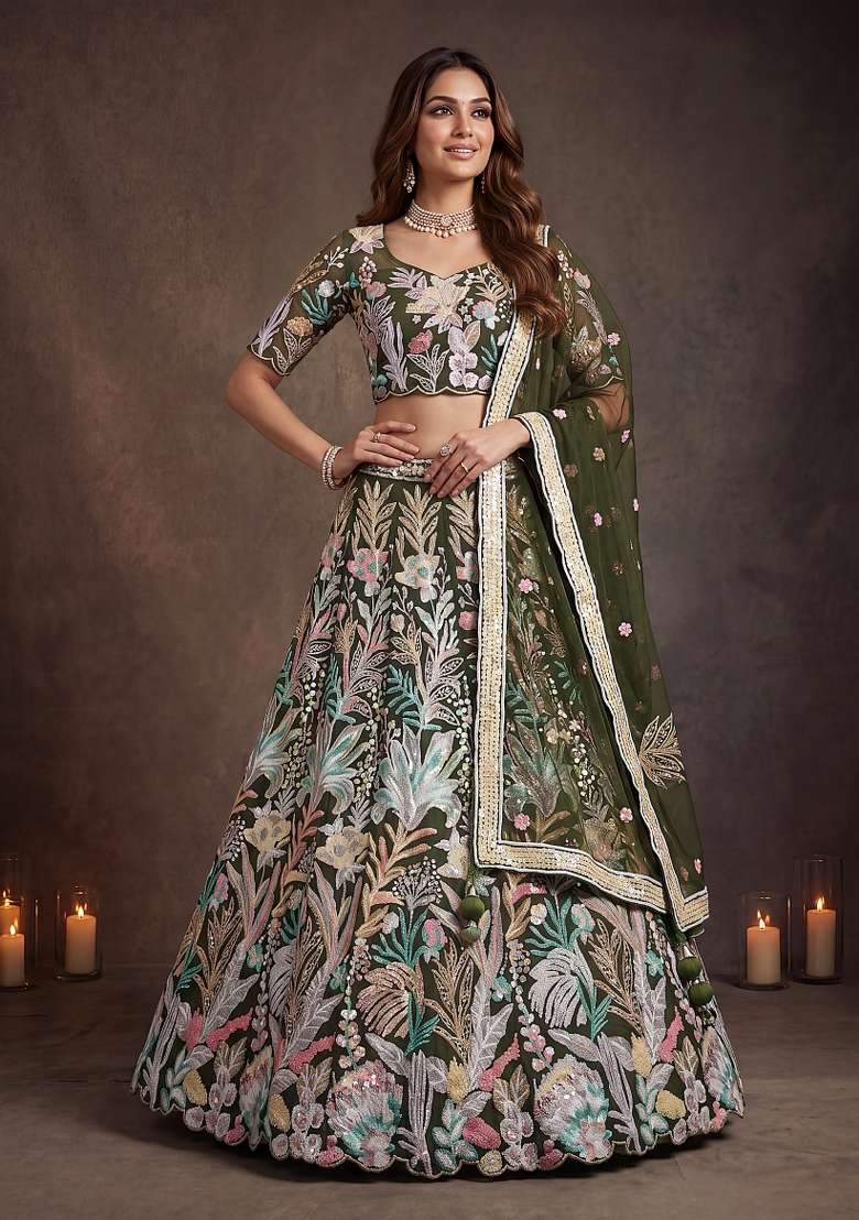 Green Embroidery Net Lehenga Set - Indya