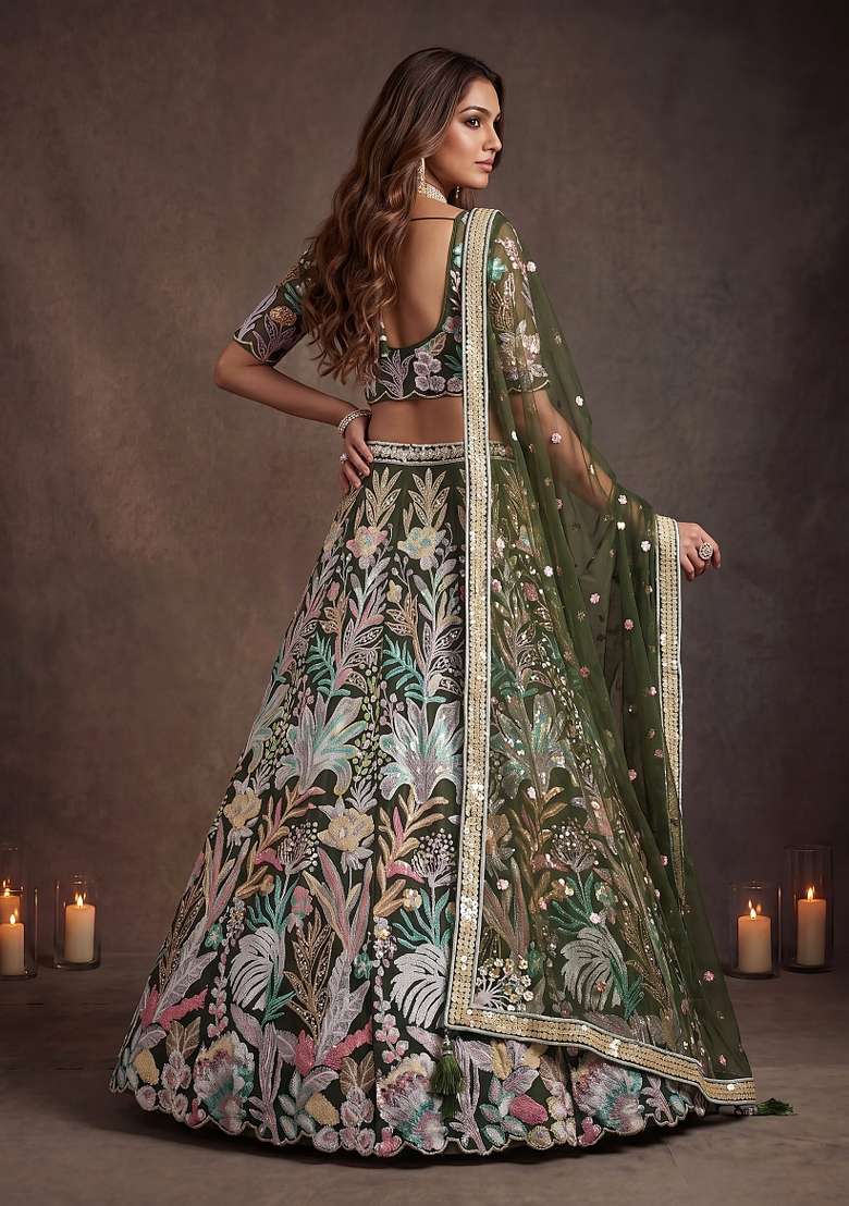 Green Embroidery Net Lehenga Set - Indya