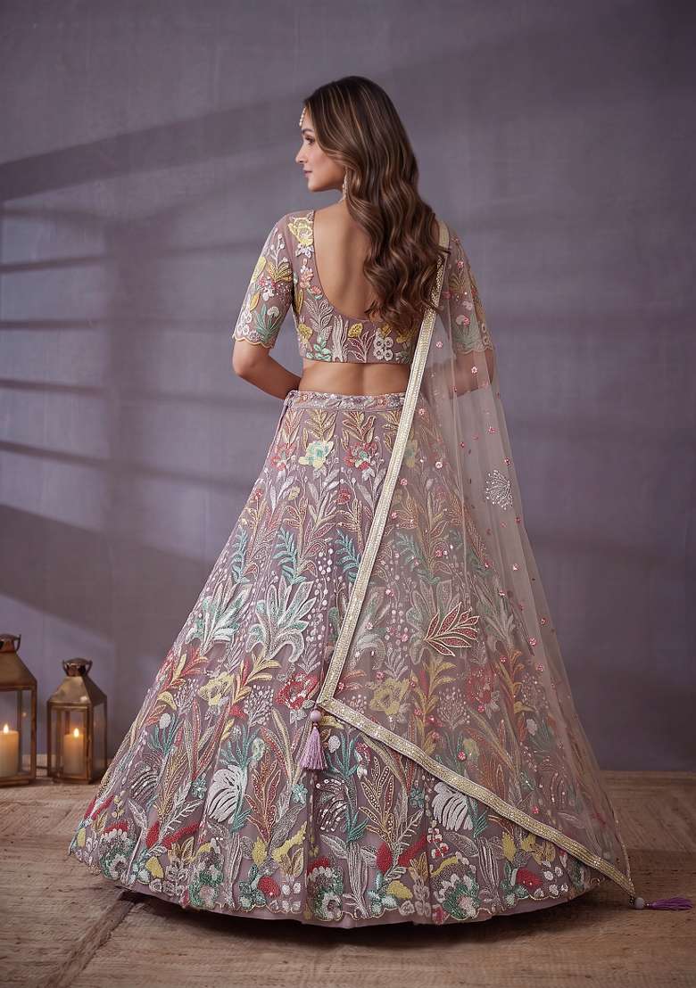 Lavender Embroidery Net Lehenga Set - Indya