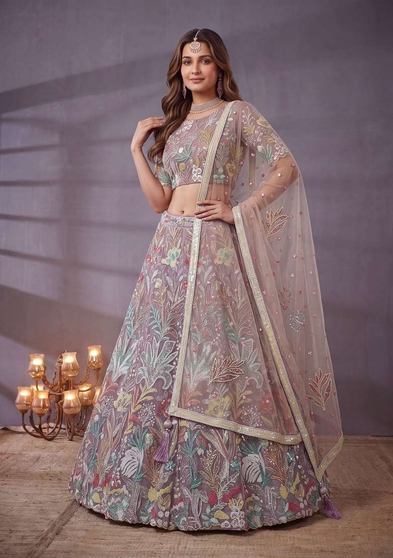 Lavender Embroidery Net Lehenga Set - Indya