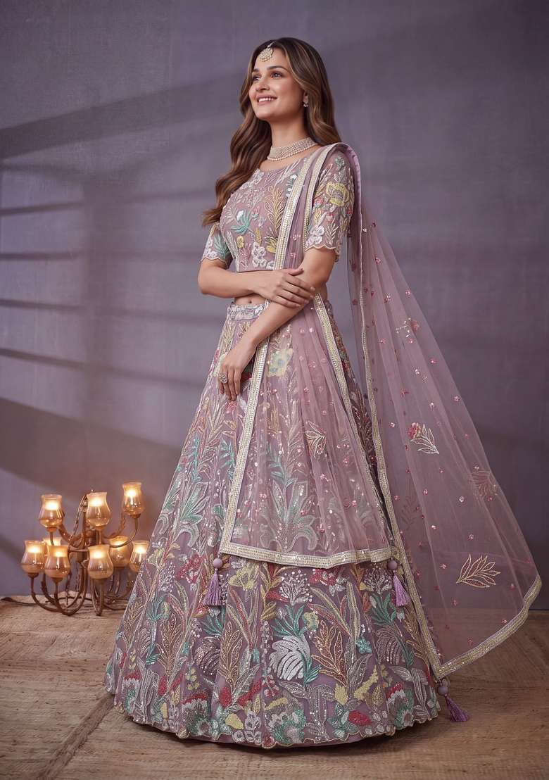 Lavender Embroidery Net Lehenga Set - Indya