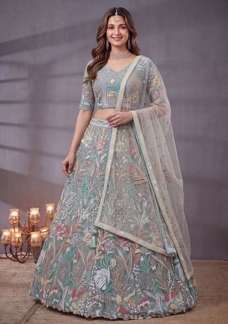 Sky Blue Embroidery Net Lehenga Set - Indya