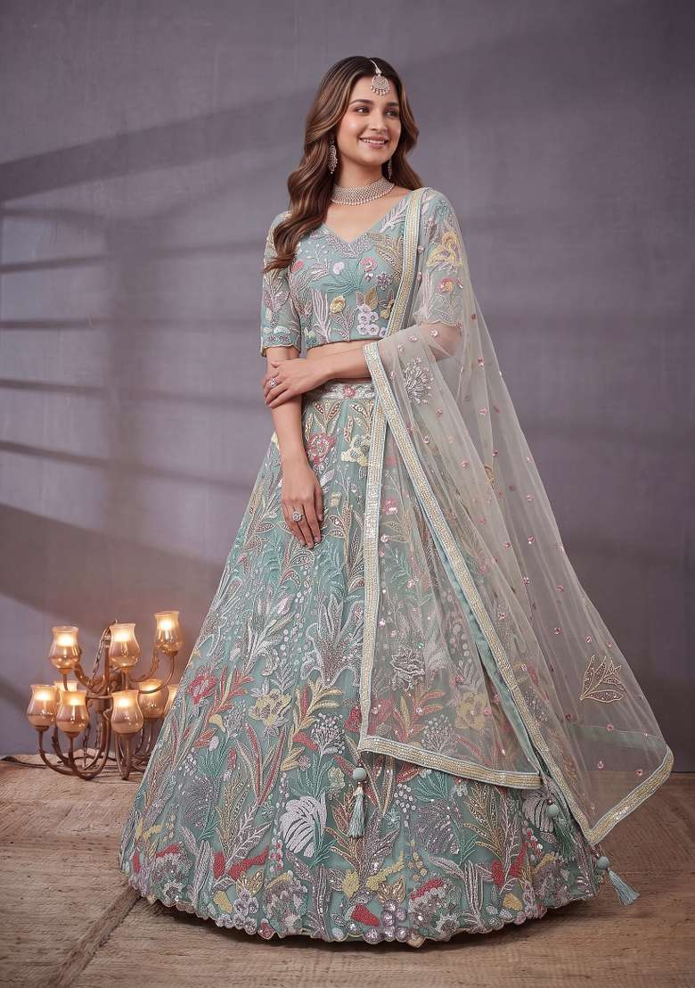 Sky Blue Embroidery Net Lehenga Set - Indya