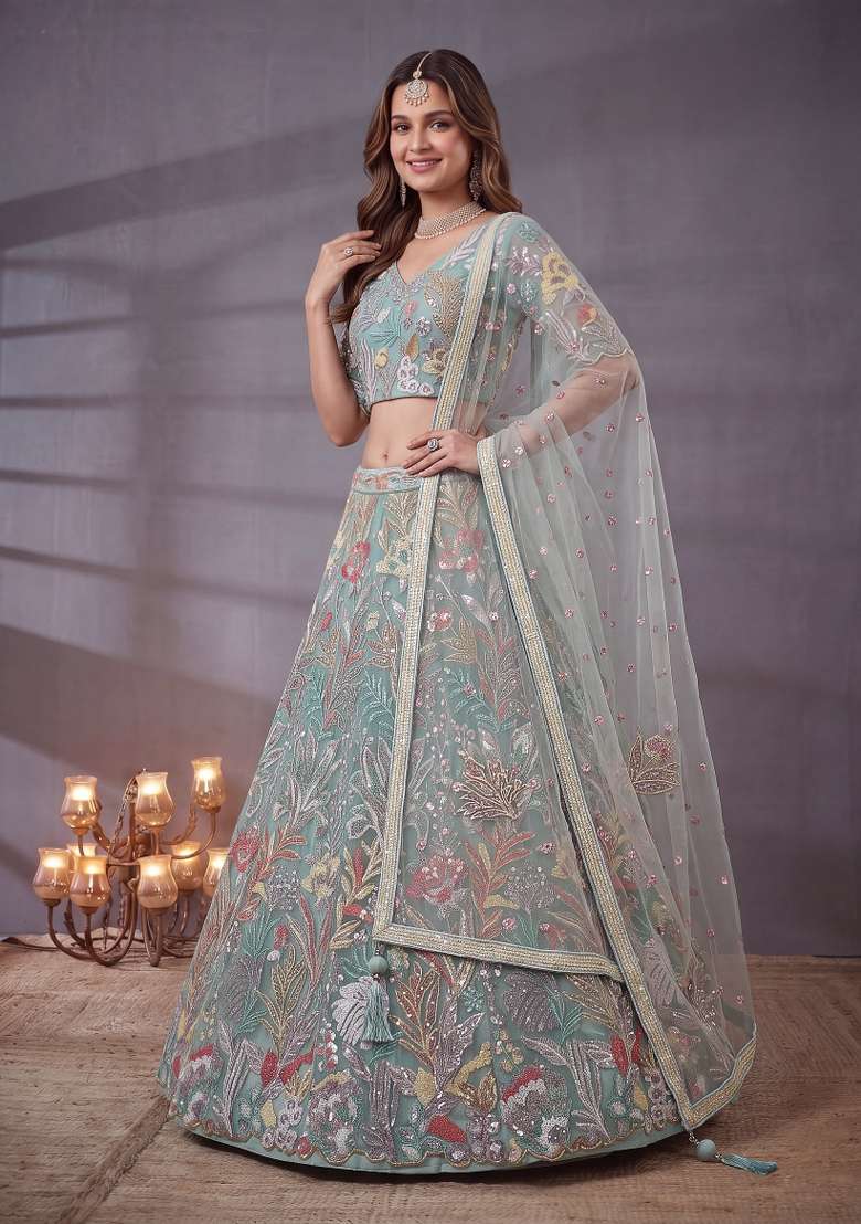 Sky Blue Embroidery Net Lehenga Set - Indya