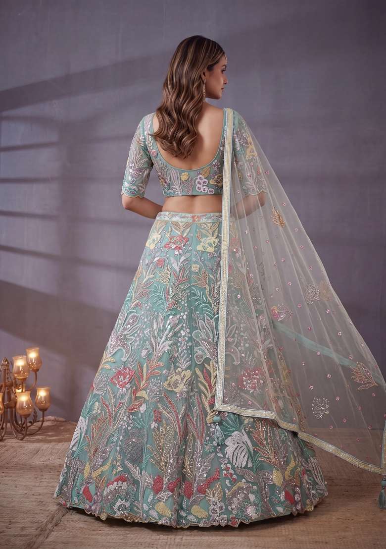 Sky Blue Embroidery Net Lehenga Set - Indya