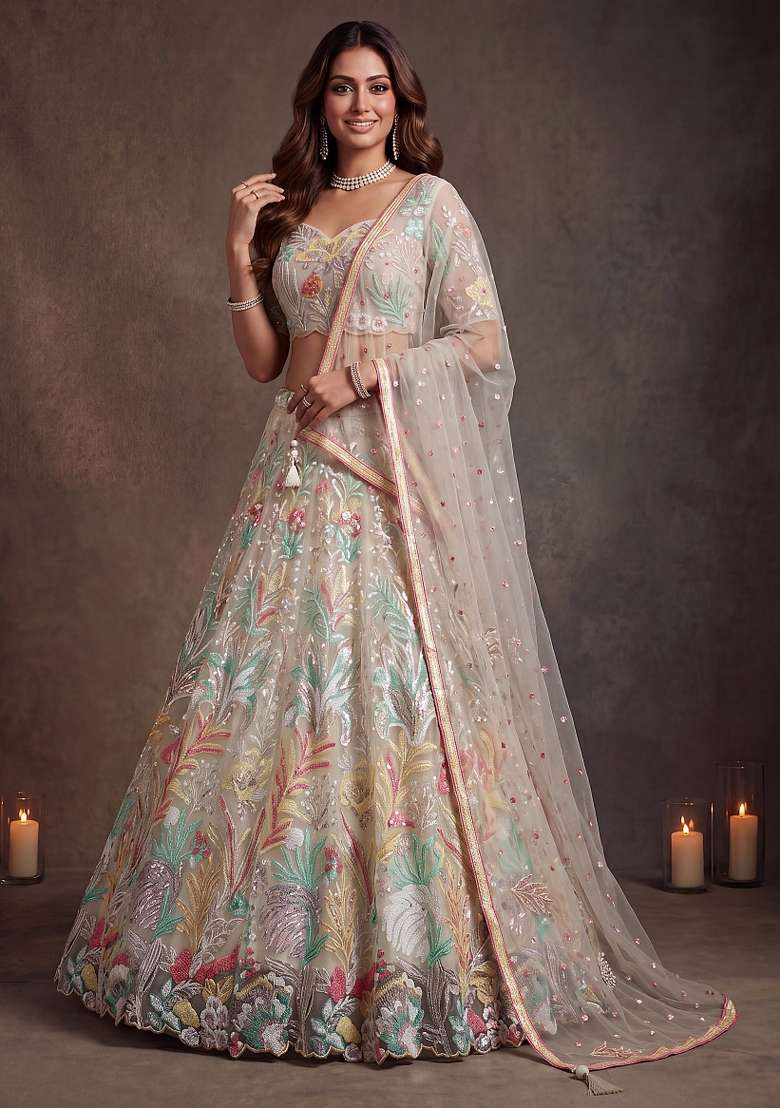 White Embroidery Net Lehenga Set - Indya