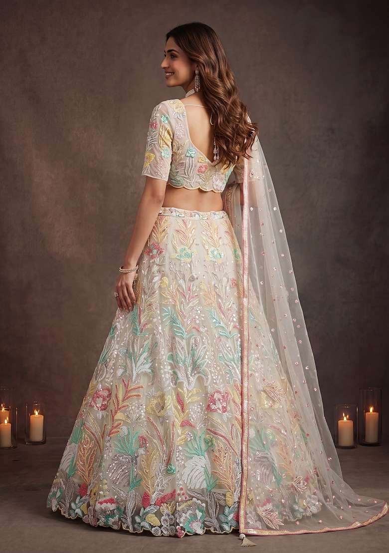 White Embroidery Net Lehenga Set - Indya