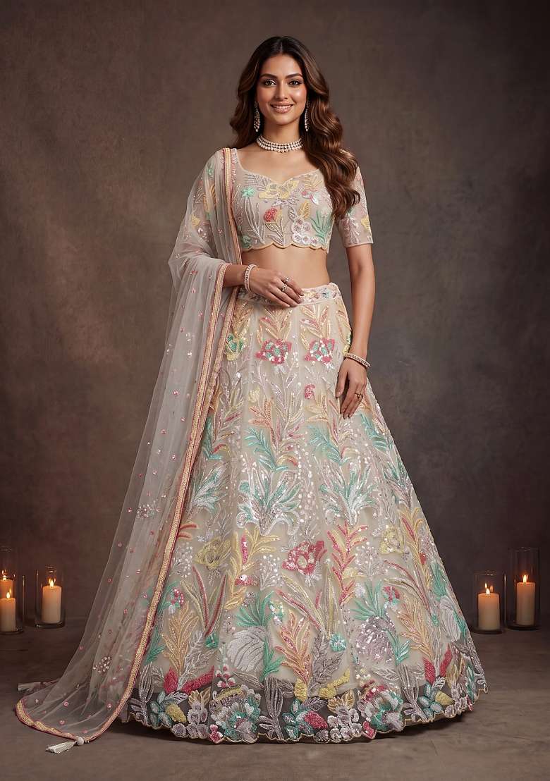 White Embroidery Net Lehenga Set - Indya