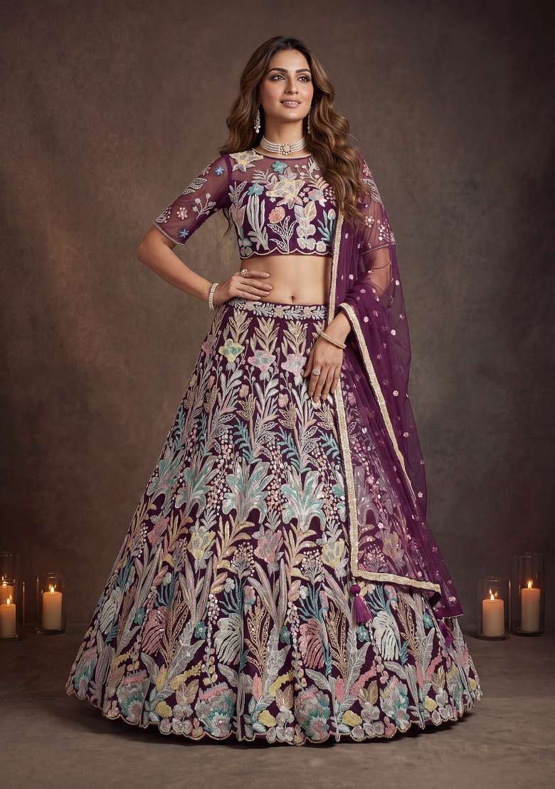Wine Embroidery Net Lehenga Set - Indya