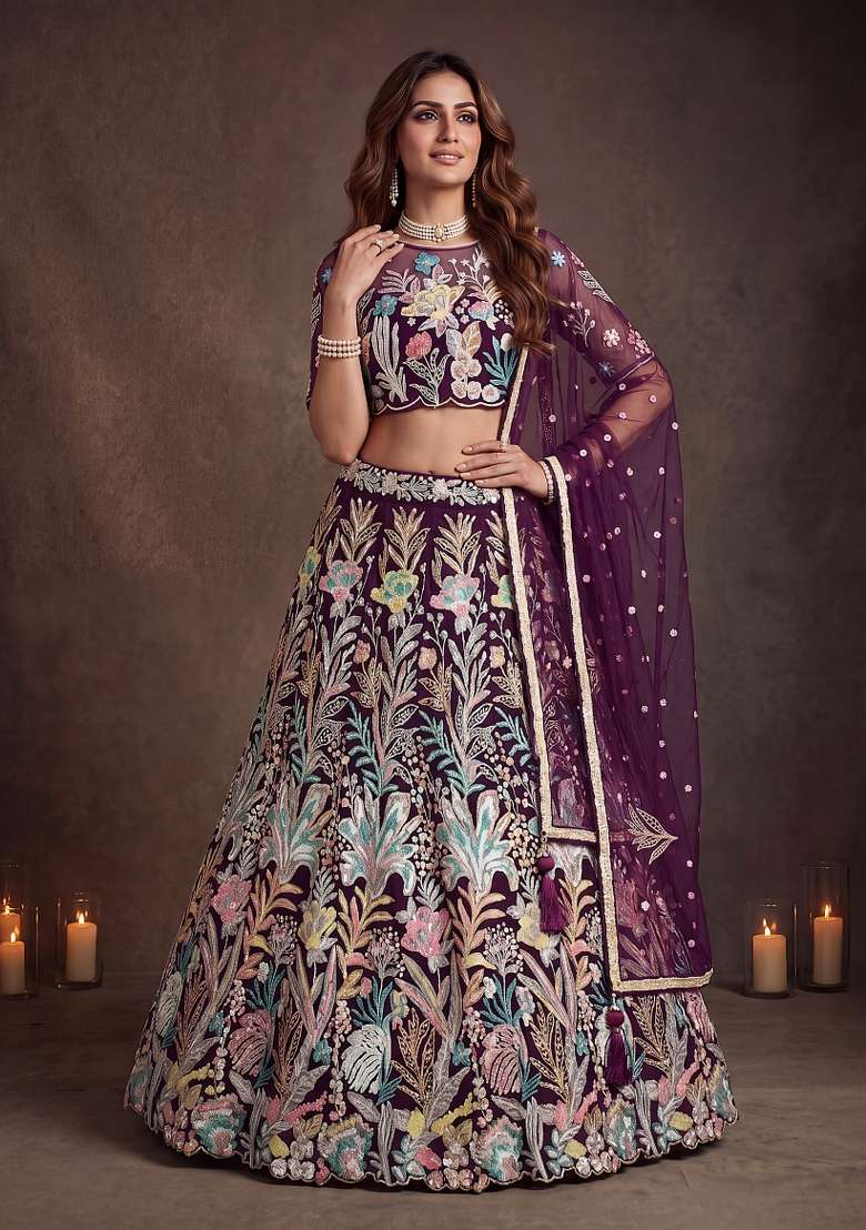 Wine Embroidery Net Lehenga Set - Indya