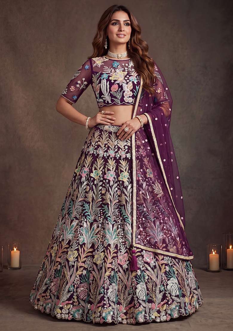 Wine Embroidery Net Lehenga Set - Indya