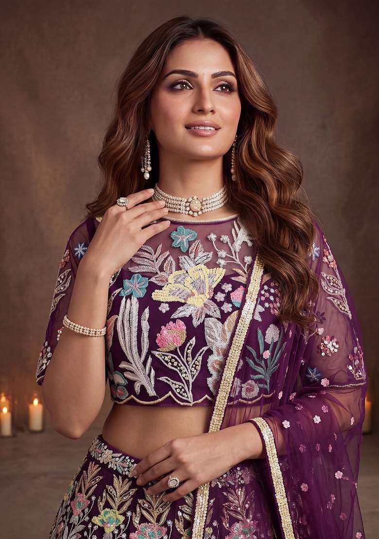 Wine Embroidery Net Lehenga Set - Indya