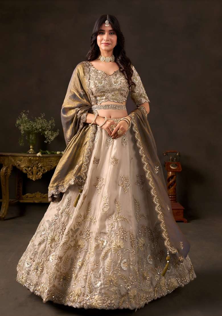 Bronze And Golden Embroidery Fendi Lehenga Set - Indya