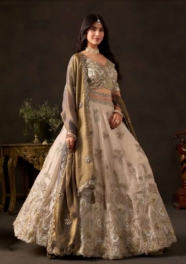 Bronze And Golden Embroidery Fendi Lehenga Set - Indya