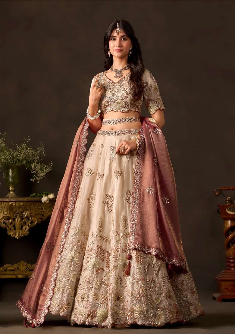 Copper And Golden Embroidery Fendi Lehenga Set - Indya