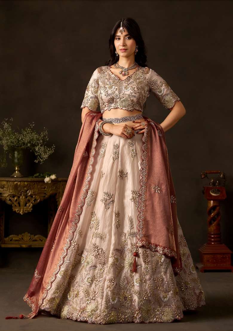 Copper And Golden Embroidery Fendi Lehenga Set - Indya