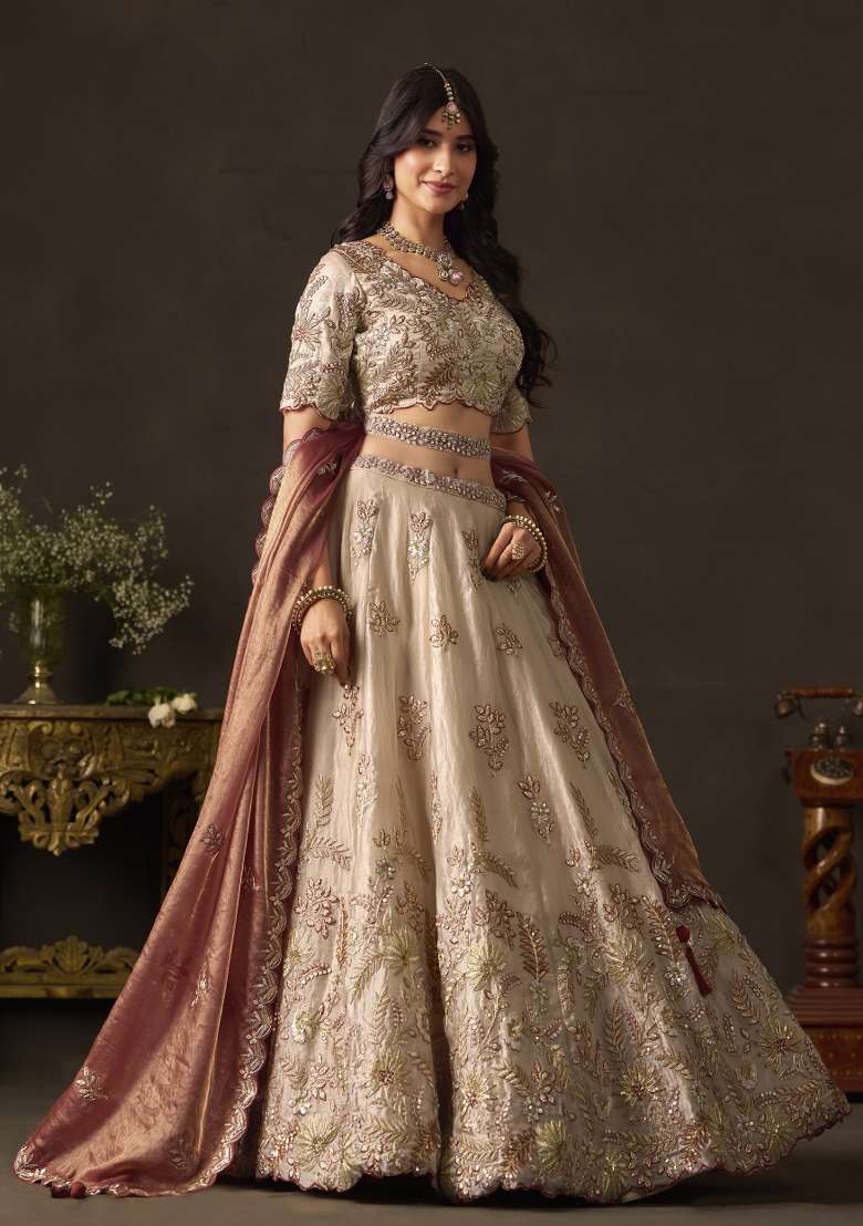 Copper And Golden Embroidery Fendi Lehenga Set - Indya