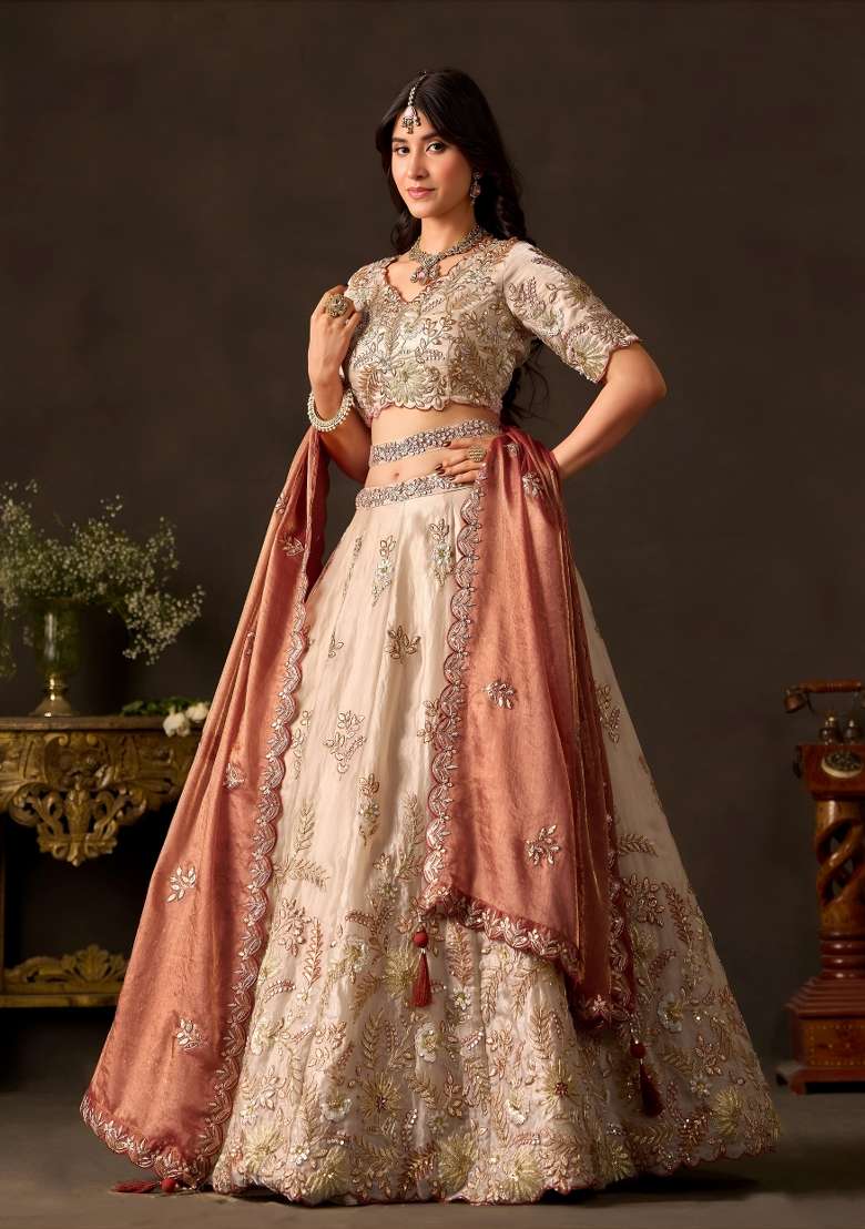 Copper And Golden Embroidery Fendi Lehenga Set - Indya