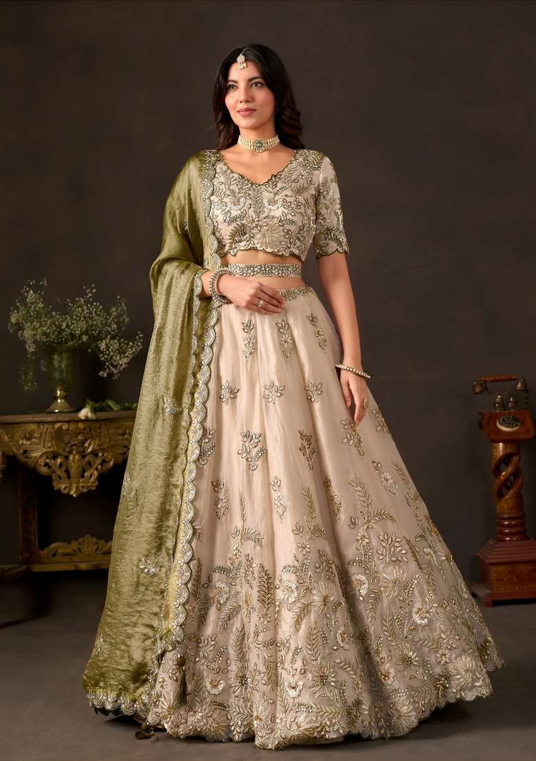 Olive And Golden Embroidery Fendi Lehenga Set - Indya