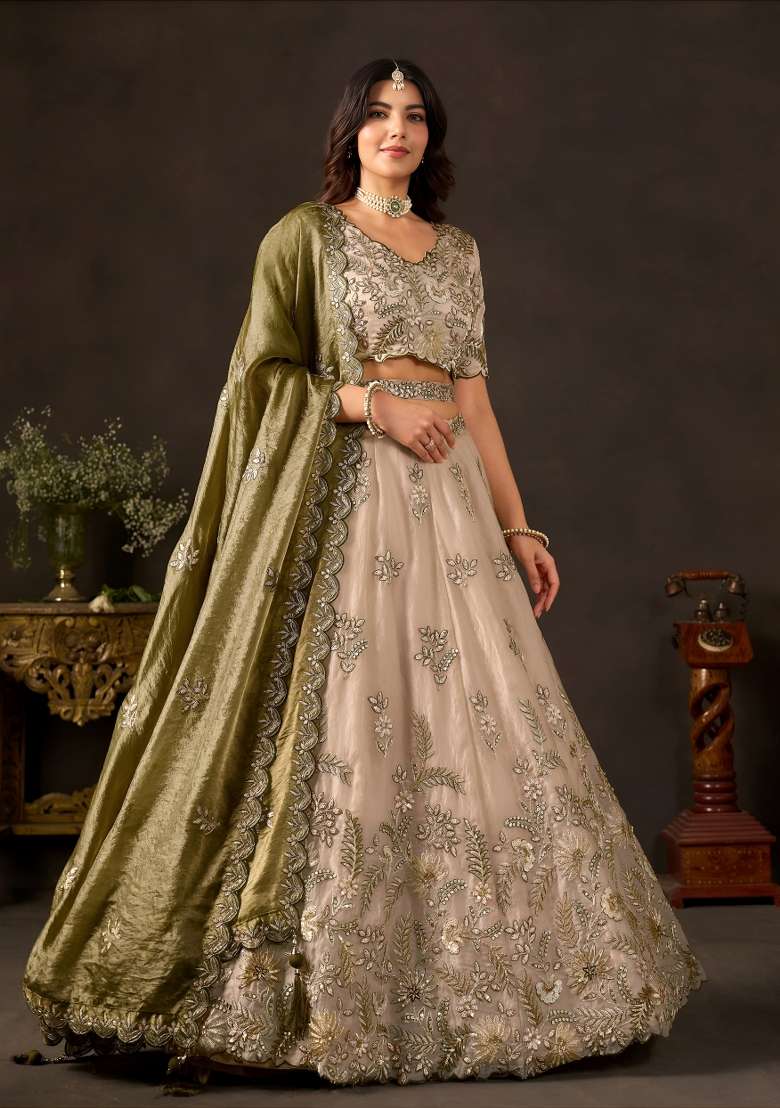 Olive And Golden Embroidery Fendi Lehenga Set - Indya