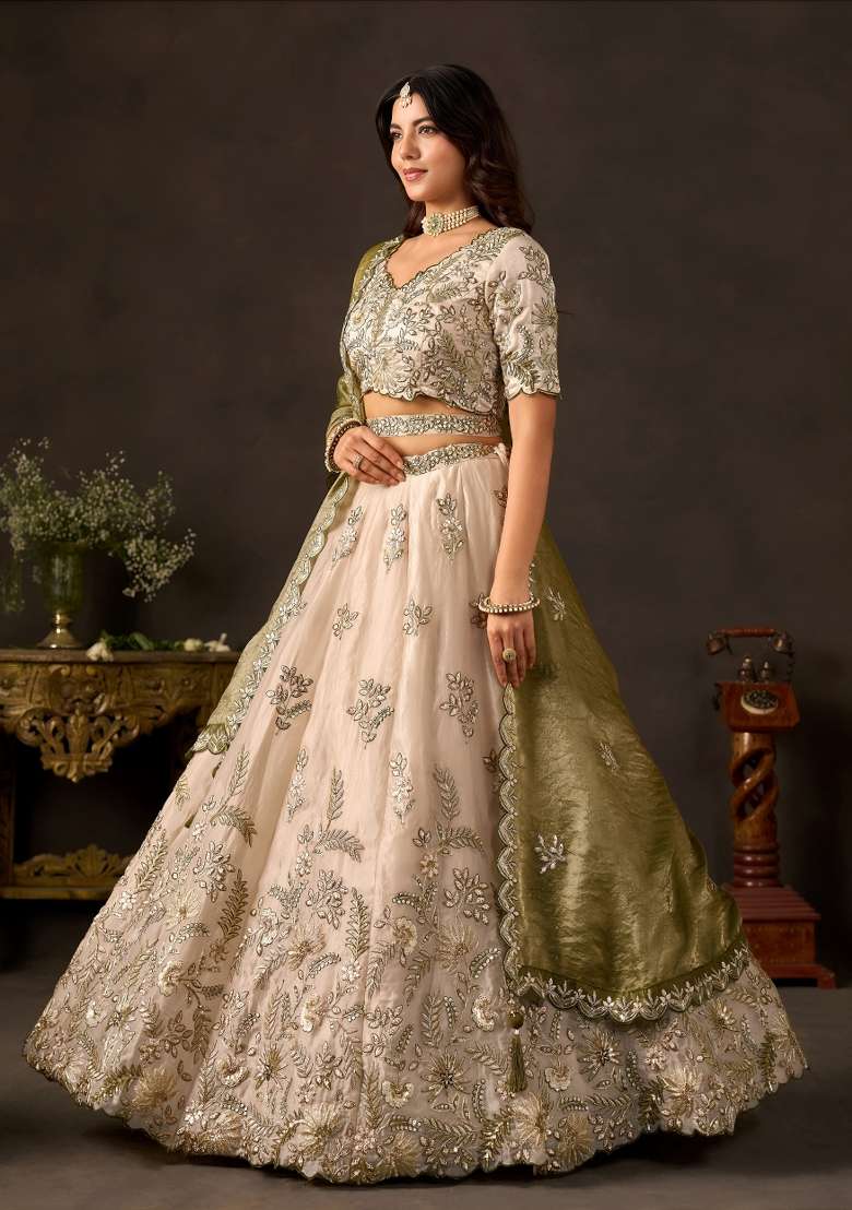Olive And Golden Embroidery Fendi Lehenga Set - Indya