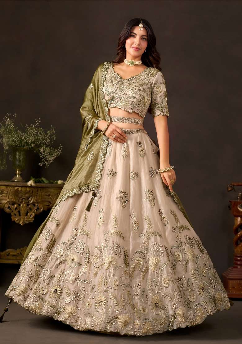 Olive And Golden Embroidery Fendi Lehenga Set - Indya
