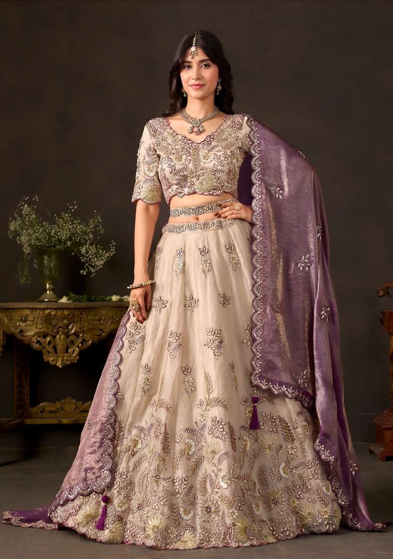 Purple And Gold Embroidery Fendi Lehenga Set - Indya