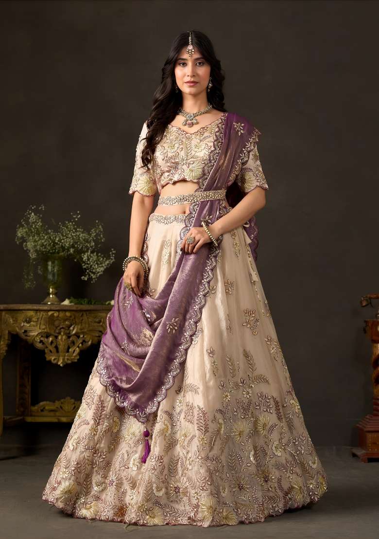 Purple And Gold Embroidery Fendi Lehenga Set - Indya