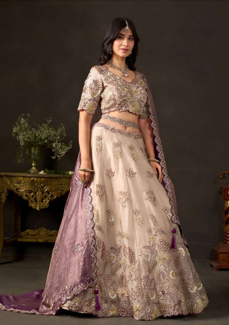 Purple And Gold Embroidery Fendi Lehenga Set - Indya