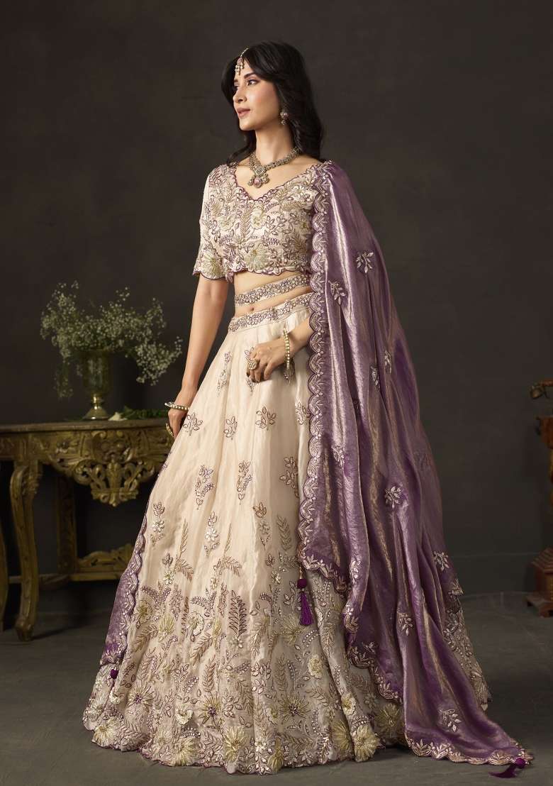 Purple And Gold Embroidery Fendi Lehenga Set - Indya