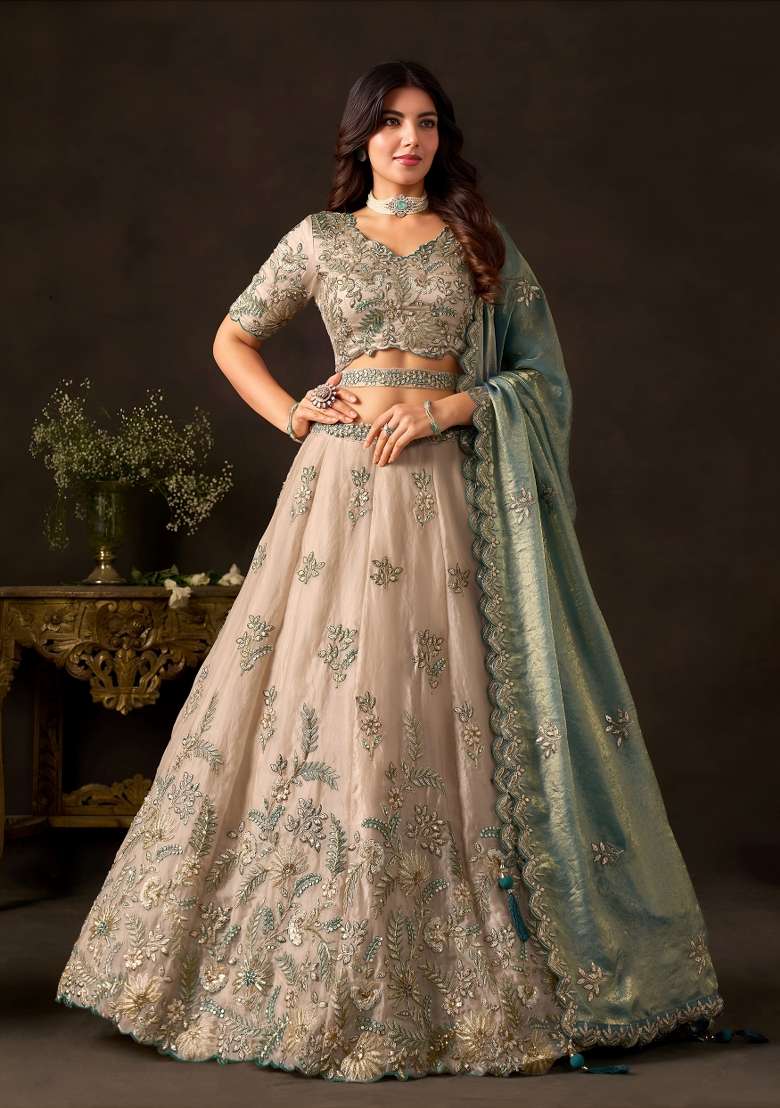 Teal And Gold Embroidery Fendi Lehenga Set - Indya