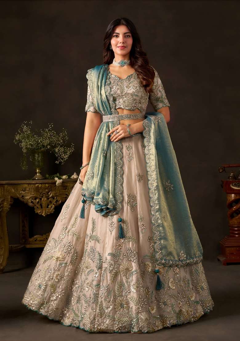 Teal And Gold Embroidery Fendi Lehenga Set - Indya