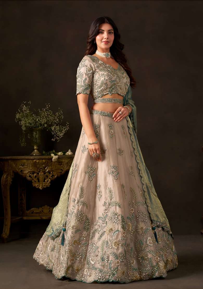 Teal And Gold Embroidery Fendi Lehenga Set - Indya