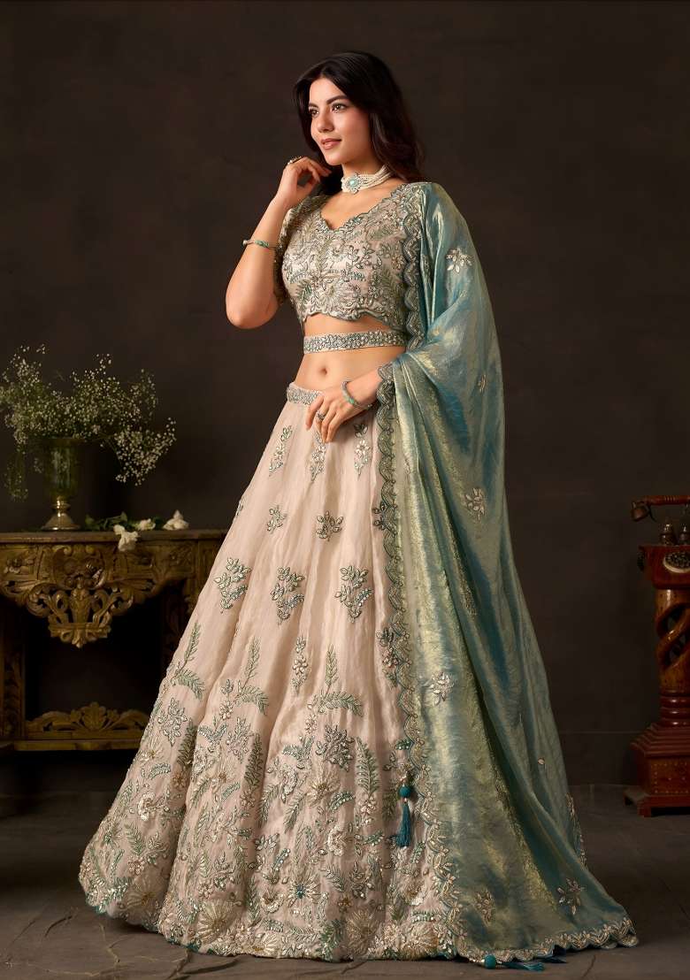 Teal And Gold Embroidery Fendi Lehenga Set - Indya